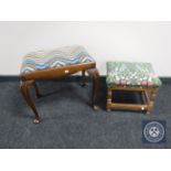 An antique mahogany tapestry upholstered dressing table stool together with an oak footstool