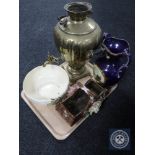 A tray of brass samovar, ornamental vase,