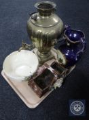 A tray of brass samovar, ornamental vase,