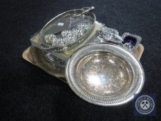 A tray of twentieth century plated items, serving tray, comport, napkin rings,