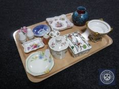 A tray of cabinet porcelain to include Royal Crown Derby pin dish, Coalport salt and pepper pots,