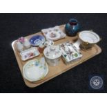 A tray of cabinet porcelain to include Royal Crown Derby pin dish, Coalport salt and pepper pots,