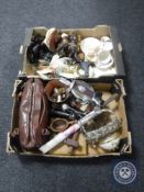 Two boxes containing miscellaneous items including china horse figures, commemorative china,