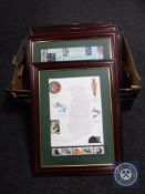 A box of eight framed first day covers with illustrated descriptions of Sherlock Holmes, Golf,