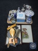 A tray containing assorted china to include Imari style jug, comport, continental figures,