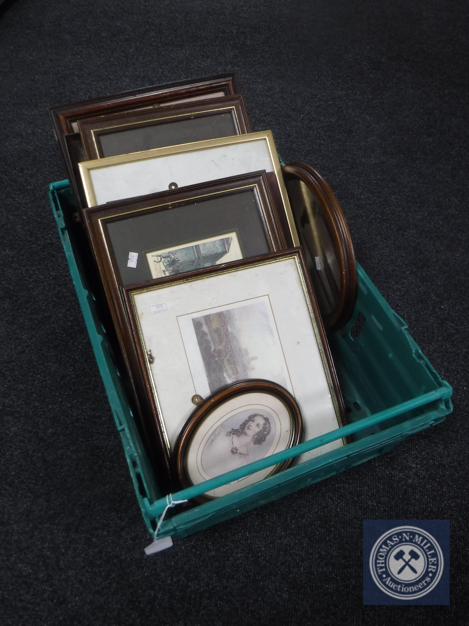A box of framed pictures to include colour etchings,
