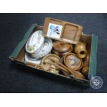 A box of five pieces of Royal Worcester, flan dishes, bowls together with wooden treen pieces,