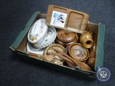A box of five pieces of Royal Worcester, flan dishes, bowls together with wooden treen pieces,