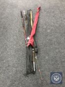 Five assorted fishing rods to include a Shakespeare Firebird fly rod,