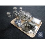 A tray of silver plated items, cigarette box, card tray, candelabrum, cruet set,