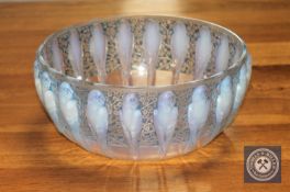 A Rene Lalique Perruches clear, frosted and opalescent glass bowl,