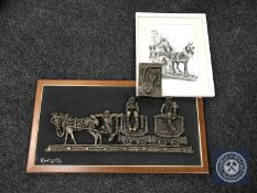 A framed and signed Robert Ollie relief plaque of Miners on a cart,