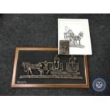 A framed and signed Robert Ollie relief plaque of Miners on a cart,