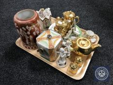 A tray containing Japanese lustre vase and china caddy, Sadley teapot, Nao figure,