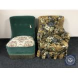 A mid 20th century green dralon bedroom chair and an armchair with loose covers
