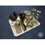 A tray containing assorted brass ware including cigarette box, letter holder, candlesticks,