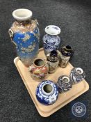 A tray of Japanese Kutani vase, blue and white ginger jar,