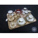 A tray of assorted teacups and saucers including Paragon,