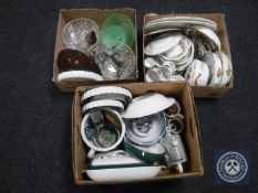 Three boxes of assorted china and glassware to include Royal Worcester and Denby oven dishes,