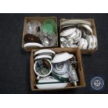 Three boxes of assorted china and glassware to include Royal Worcester and Denby oven dishes,