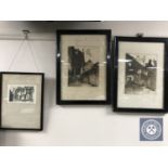 Three framed black and white etchings to include an A. Simms scene of Tewkesbury and two J.