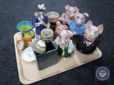 A tray of Natwest pig money banks, Chinese vase, figure of Charles II etc.