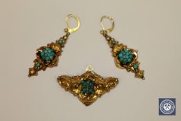 A pair of antique 14ct gold turquoise earrings and matching brooch CONDITION REPORT: