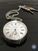 A silver open faced key wound pocket watch,
