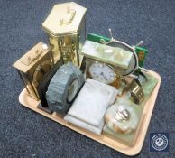 A tray containing onyx mantel clock, cigarette box and table lighter,