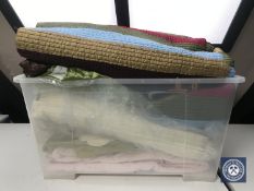 Two boxes of assorted bedding, curtains,
