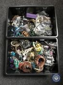 Two plastic boxes of a large quantity of assorted costume jewellery