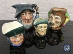 Four Royal Doulton character jugs : Rip Van Winkle, D 6463, height 10 cm, The Jester, height 8 cm,