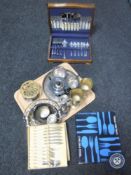 A tray of assorted plated wares, pair of brass goblets,