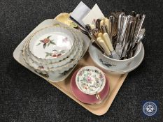 A tray containing Royal Worcester Evesham dishes, cutlery,