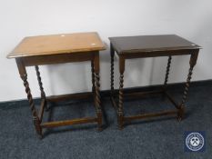 Two oak barley twist occasional tables and a bedside cabinet