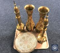 A tray of two Eastern brass teapots together with a pair of vases and a pair of shallow bowls