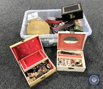 A box containing a large quantity of costume jewellery, jewellery boxes,
