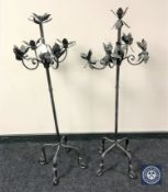 Two wrought metal five-way candle holders