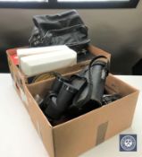 Two boxes of assorted cameras, binoculars,