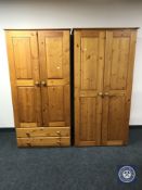 Two pine double door wardrobes (one fitted two drawers)