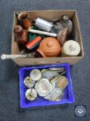 A box and basket of petit point dressing table set, stoneware water bottle, poss sticks,