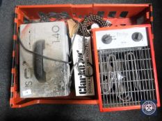 A large plastic crate of welder, Prolex heater,