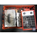 A large plastic crate of welder, Prolex heater,