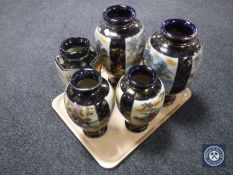 A tray of five Japanese vases