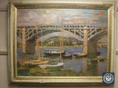 An Artagraph edition : Boats under a bridge, framed.