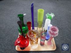 A tray of coloured glass vases