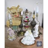 Seven assorted table lamps and shades together with a copper bed warming pan