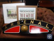 A wooden Arsenal sign and two Arsenal stadium signed limited edition prints
