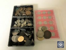 A metal tray containing a quantity of pre decimal British coins, foreign coins,