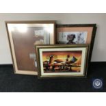 A gilt framed oil depicting African tribesman together with four other framed prints